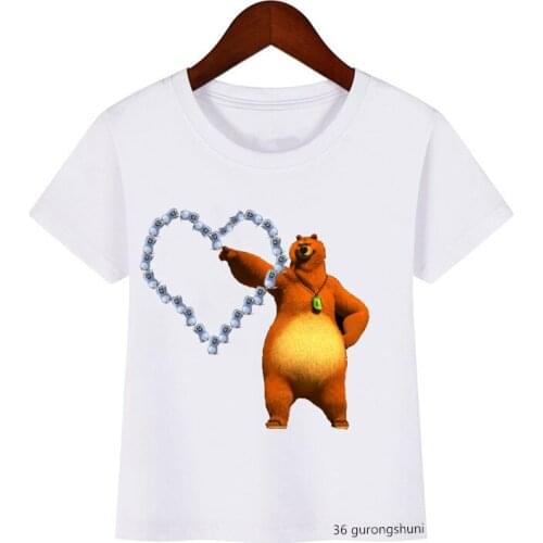 Grizzly Bear Playing Guitar Graphic Cartoon Print T Shirts Boys T-shirt Cute Kids Clothes Summer Tops Unisex Hip Hop Wholesale