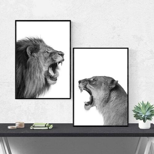 Lion and Lioness Canvas Poster Black White Woodlands Animal Wall Art Print Painting Nursery Wall Art Pictures for Living Room