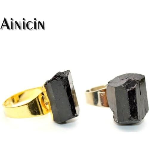 5pcs Natural Rock Stone Black Tourmaline Jet Stone Gold Silver Plating Adjustable Rings Fashion Women Stone Jewelry