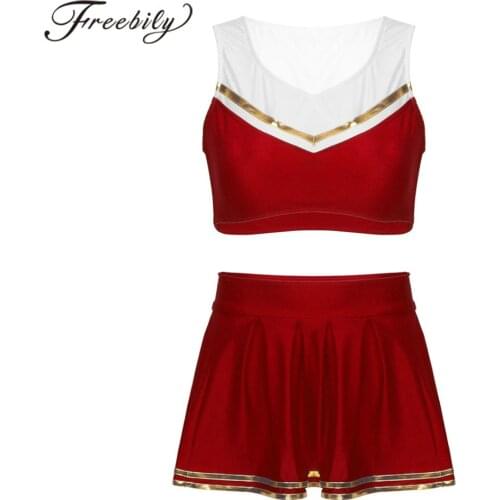 2Pcs Women Adults Cheerleading Uniform V Neck Sleeveless Vest Crop Top with High Waist Pleated Skirt Cheerleader Costume Outfit