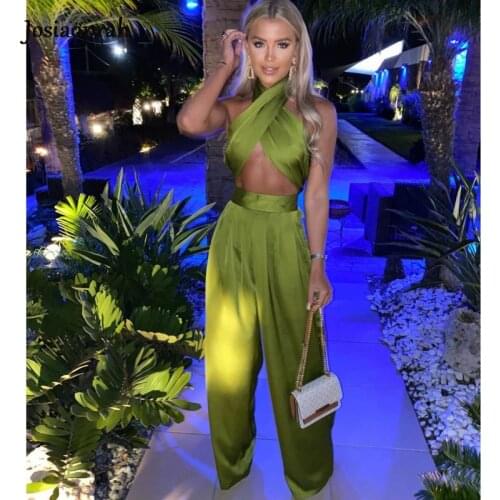 Josiaoprah Satin Two Piece Set For Women Solid Halter Sleeveless Bandage Crop Top Wide Leg Pants Ladies Casual Bodycon Tracksuit