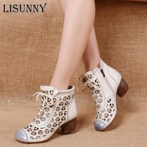 LISUNNY 2021 Summer Ankle Boots Genuine Leather Shoes Women Med High Heel Back Zipper Boots Cutout breathable Mujer Zapatos