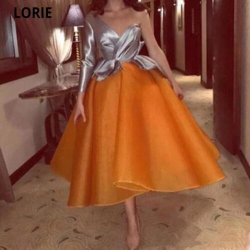 LORIE Gray Orange Short Prom Dresses 2021 Sexy One Shoulder Long Sleeves Evening Gowns Saudi Arabic Dubai Formal Party Dress