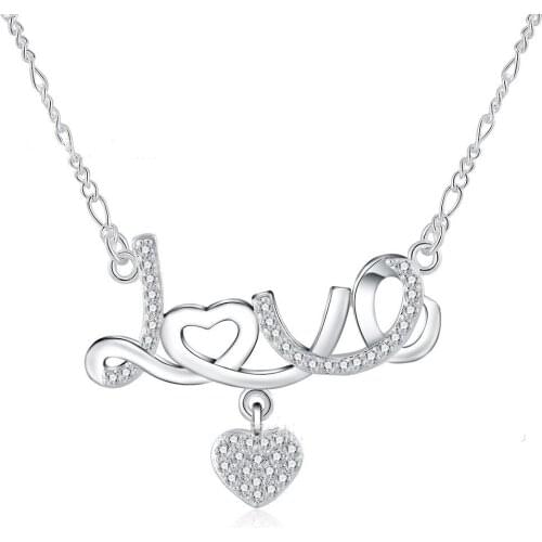 925 Sterling Silver Fashion Simple Letter LOVE Heart-shaped Zircon Crystal Necklace Clavicle Chain Ladies Wedding Party Jewelry