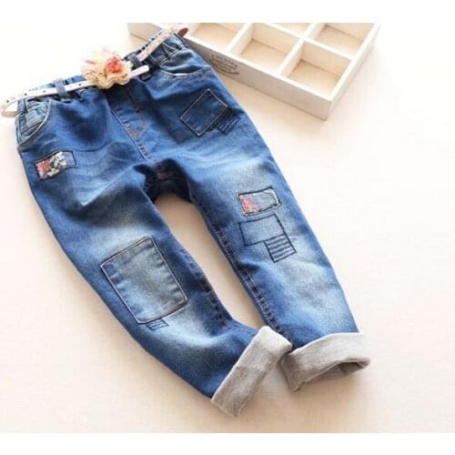 New Arrival Baby Girls Fashion Denim Jeans Girls Autumn Winter Double-fabric Jeans Kids Long Pants With Floral Belt
