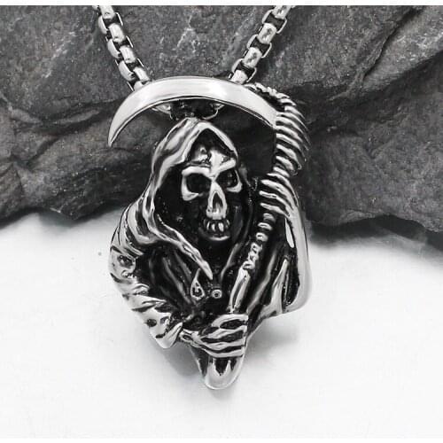 Korean Skull Death Sickle Pendant Necklace Overbearing Personality Titanium Steel Punk Tide Mens Necklace Stainless Steel Chain
