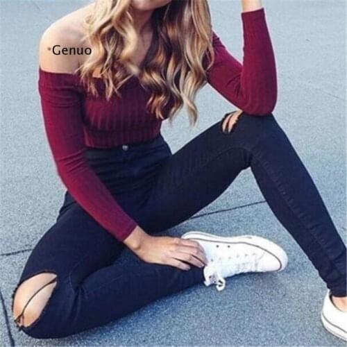 Autumn Off Shoulder Crop Top t Shirts Hot Sale Long Sleeve Solid Short T-Shirts for Women Clothing Fashion Slim T-Shirt