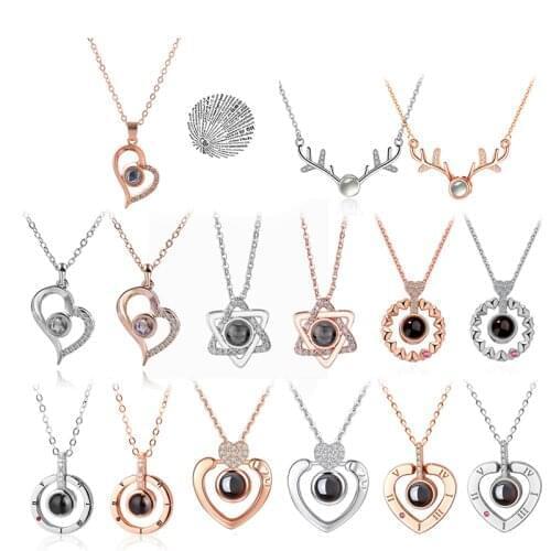 Rose Gold 100 Languages I Love You Projection Pendant Necklace for women Jewelry Love Memory Wedding Necklace Valentines Day