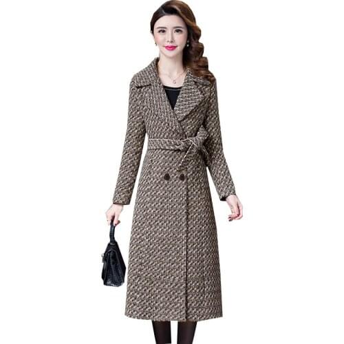 L-5XL New Womens Wool Coat Winter Autumn 2020 Fashion Plaid Jacket Lacing Belt Thicken Slim Woolen Blends Tops Outerwear Female