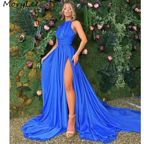 Prom Dresses Sexy Sleeveless A-Line Floor Length Side Slit Chiffon Pleated Backless Prom Dresses vestidos de fiesta de noche