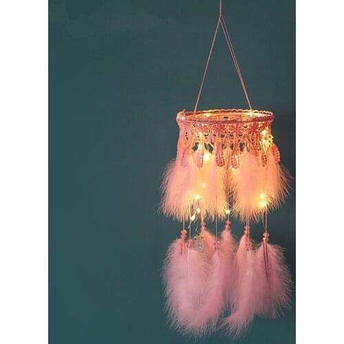 Feather Crafts LED Lighting Dream Catcher Brown Wind Chimes Handmade nordic Dreamcatcher kids room decoration habitacion nursery