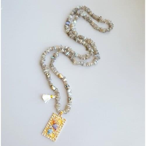 Lii Ji High Luster Irregular Labradorite Hematite Gold Color Crystal Pendant Necklace 32inch/80cm