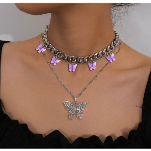 Layered Hollow Butterfly Pendant Necklace For Women Vintage Siliver Color Stainless Steel Letters Chorker Necklace 2021 New Sale