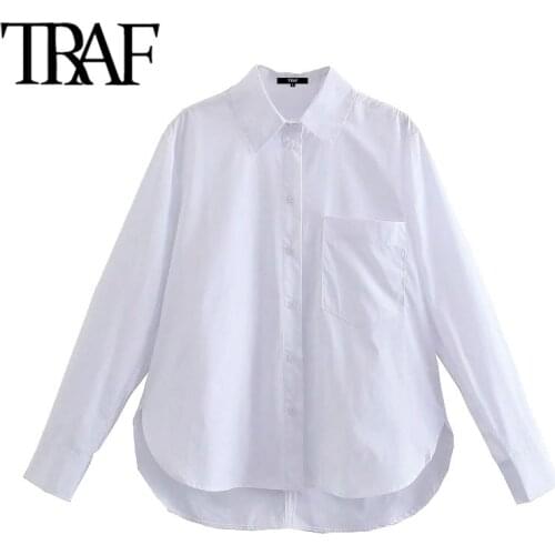 TRAF Women Fashion With Pockets Loose Asymmetry Blouses Vintage Long Sleeve Button-up Female Shirts Blusas Chic Tops