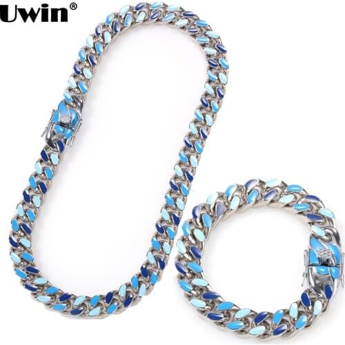 UWIN Hiphop Jewelry 12mm Triple Blue Colors Ne&BA Set for Men Stainless Steel Cuban Chain 8'' and 18'' Bracelet Necklace Jewelry