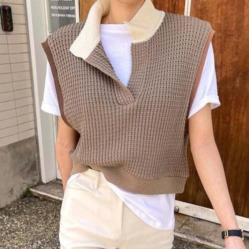 ZCSMLL Stand Collar Color Matching Design Woven Loose Pullover Sleeveless Knitted Vest Women Korean Spring Autumn Tops