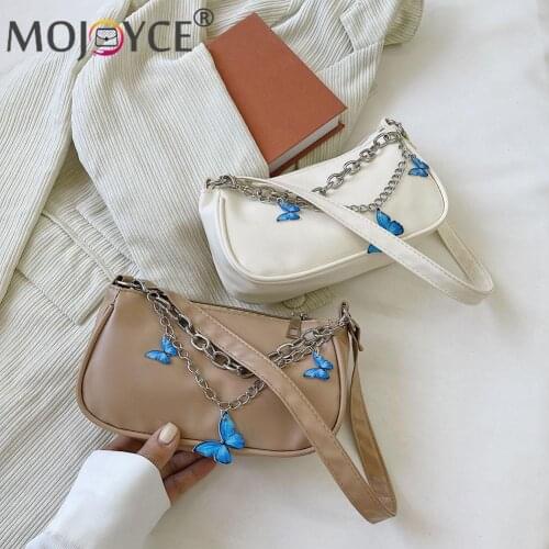 Women PU Leather Butterfly Double Chain Underarm Bags Vintage Casual Small Purse Casual Girls Small Shoulder Bags 2021