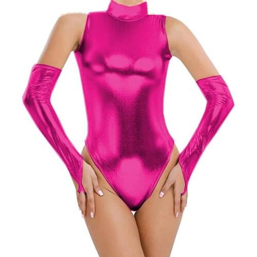 Plus Size Faux Leather Dancing Bodysuit Women High Cut Sleeveless Bodysuit Sexy Turtleneck Leotard Shiny Costume With Gloves