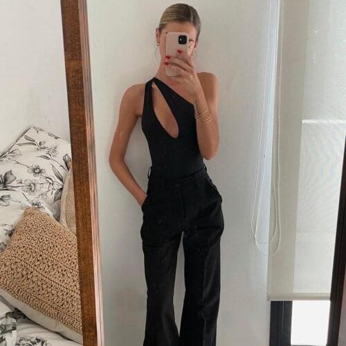 Women Bodysuit One Shoulder with Hollow Sexy Chest Solid Color High Waist Version Summer Clothing