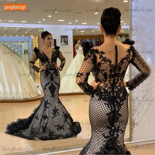 Sexy Black Evening Gowns 2020 Lace Appliqued Slim Fit Mermaid Women Party Dresses Long Sleeves Formal Custom Made Robe De Soiree
