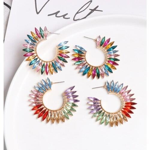2019 New Korean Colorful Crystal Geometric C Shape Stud Earrings for Women Girls Wedding Jewelry Gifts