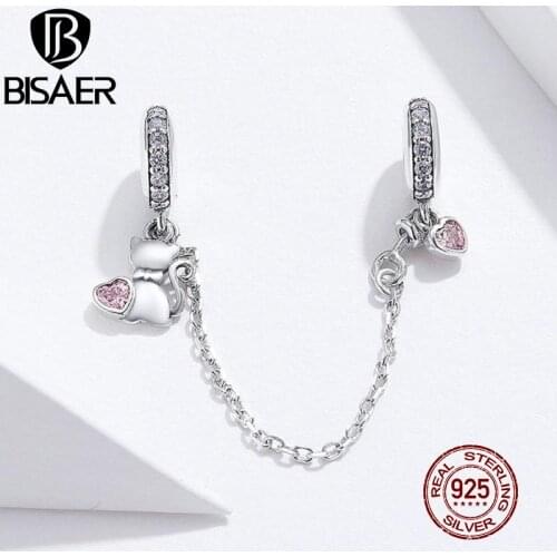 BISAER Cat Charms 925 Sterling Silver Cat Kitten Pussy Safety Chain Beads fit for Charm Bracelets Silver 925 Jewelry ECC1233