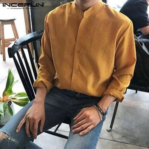 Cotton Men Casual Shirt Brand Solid Color Breathable Long Sleeve Button Tops Lapel Streetwear Camisa Masculina S-5XL INCERUN