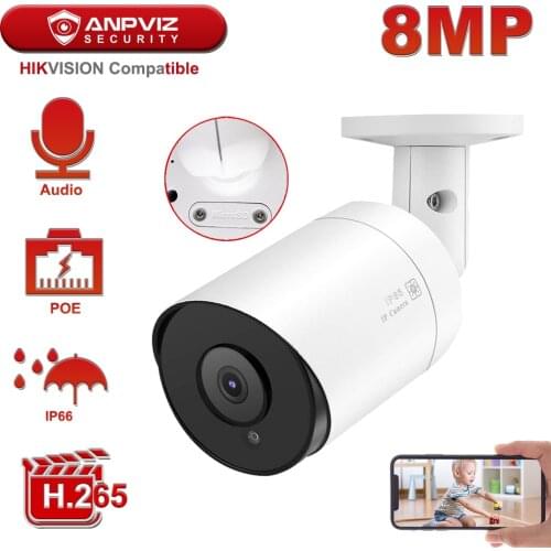 Hikvision Compatible Anpviz PoE IP Camera 8MP 4K H.265 Video Surveillance Outdoor Camera 2.8mm Remote Access Onvif NAS Mic Audio