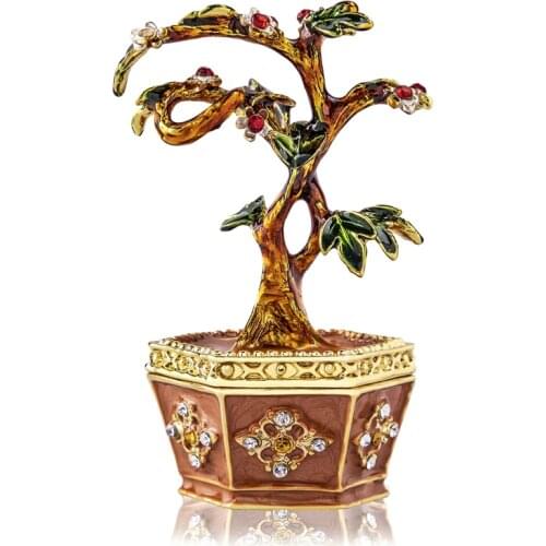 H&D Artificial Bonsai Tree Trinket Box Hinged Crystals Jeweled Enameled Jewelry Ring Holder Dressing Table Ornament Collectible