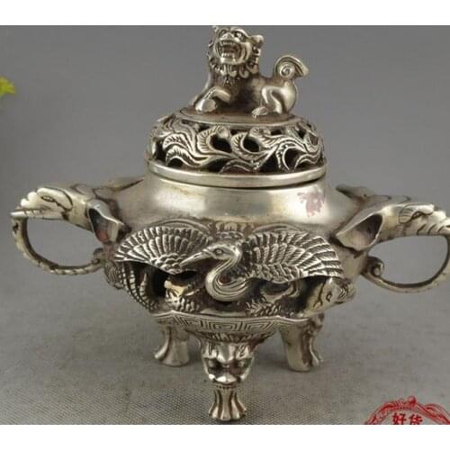 Collectable Old Ming Dynasty silver lion&crane Incense Stove\Censer,with carving and mark,Free Shipping
