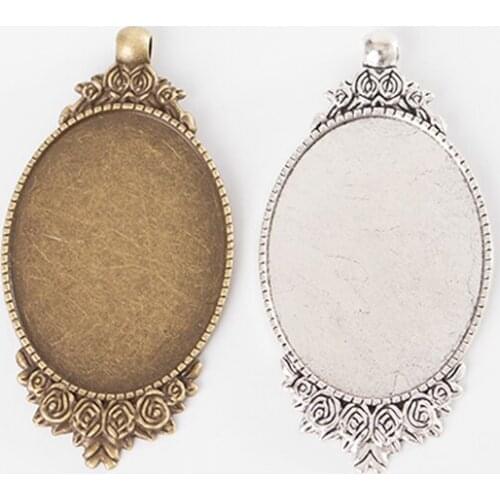 6pcs internal 30*40 mm oval blank alloy base pendant set flower convex round resin embossed glass DIY jewelry