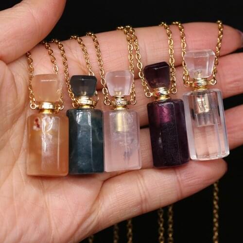 Natural Stone Agates Crystal Perfume Bottle 60cm Necklace Pendant Amethysts/ Rose Quartzs Necklace Charm Jewelry Gift 15x38mm