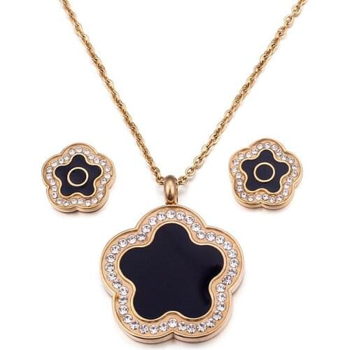 New set of titanium steel with diamonds, ladies all-match flower necklace + earrings