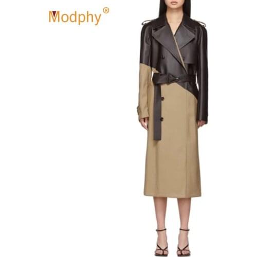 Autumn And Winter Fashion Leather Stitching Khaki Windbreaker Lapel Long Sleeve Lace-Up Midi Straight Coat 2020 New Clothing