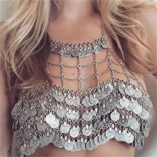 Boho Fashion Body Chain Multilayer Coin Tassel Sexy Antique Gold Metal Mesh Bra Chain Women Bikini Net Floral Slave Harness Jewe