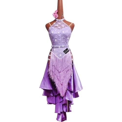 Latin Dance Dress Competition Dress Female Performing Dress Performing Dress Purple Lace High Open Tassels Skirt #LD242