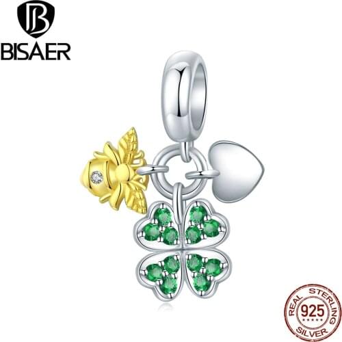 BISAER Four-leaf & Gold Bee Charms 925 Sterling Silver Enamel Heart Green Pendant DIY Bracelets Necklace Beads Jewelry EFC303