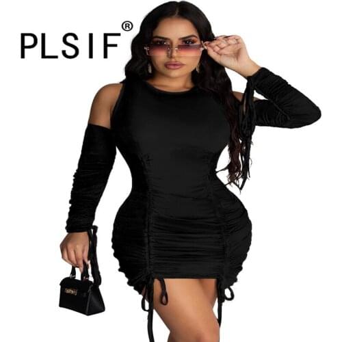 All Black O Neck Long Sleeve Skinny Mini Dress Sexy Tight Club Party Lady Fashion Sheath Dress High Street Dress
