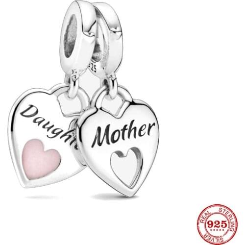 New 925 Sterling Silver Beads Mother & Daughter Double Heart Split Dangle Charms Fit Pandora Bracelet DIY Women Jewelry