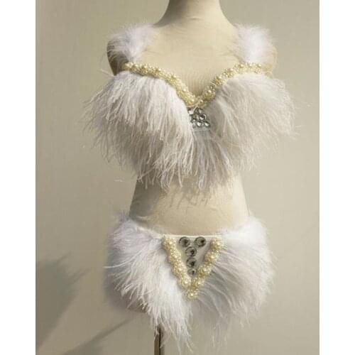 Show performance nightclub bar female sexy red white feather bikini costumes