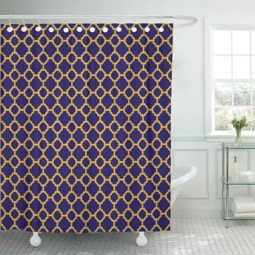 Blue Antique Vintage Geometric Lattice Pattern Navy Antiquity Arabesque Shower Curtain Waterproof Fabric 60 x 72 Inches Set