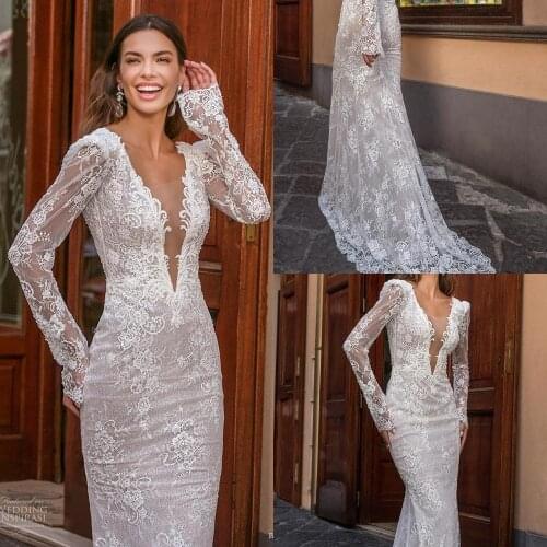 Sexy Deep V Neck Wedding Dresses Lace Appliqu Edge Train Backless Mermaid Vestido De Noiva Custom Made Bridal Dress