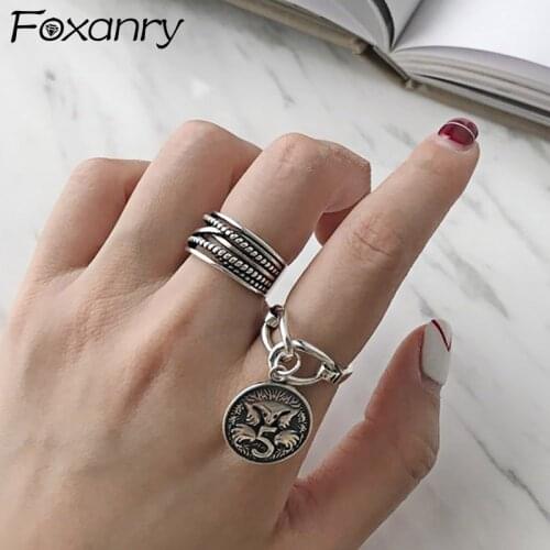 Foxanry Vintage Handmade 925 Sterling Silver Rings Fine Jewelry for Women Creative Trendy Coin Chain Party Accessories Gifts