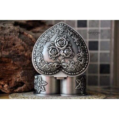 Vintage Jewellery Case Fashion Jewelry Box Zinc-alloy Metal trinket box Carved Flower Rose Heart Shaped