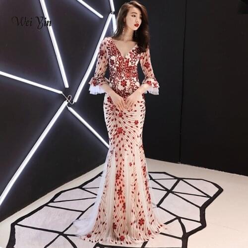 Weiyin 2021 Sexy V Neck Mermaid Evening Gown Half Sleeves Red And White Sequins Long Evening Dresses WY1110