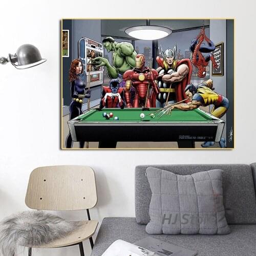 Marvel Superhero Relax Playing Pool Funny Poster Printing Black Widow Hulk Canvas Painting Home Room Wall Decoration Art Cuadros