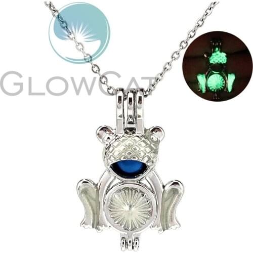 Green Luminous Summer Frog Beads Pearl Cage Locket Pendant Perfume Diffuser Glow in Dark Necklace KK1025