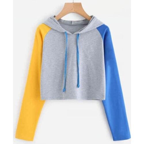 Womens Self-cultivation Autumn Winter Hooded Long-sleeved Stitching Color Matching Casual Wild Short Tops Womens Clothing