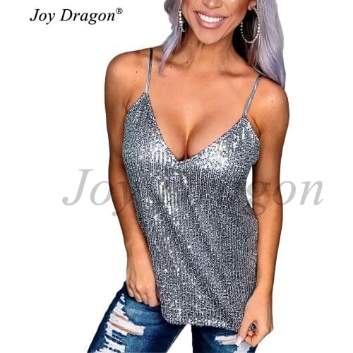 Women Halter Top New Fashion Summer V Neck Sequin Sling Blouse Solid Slim Camisole Sleeveless Backless Casual Party Ladies Vest