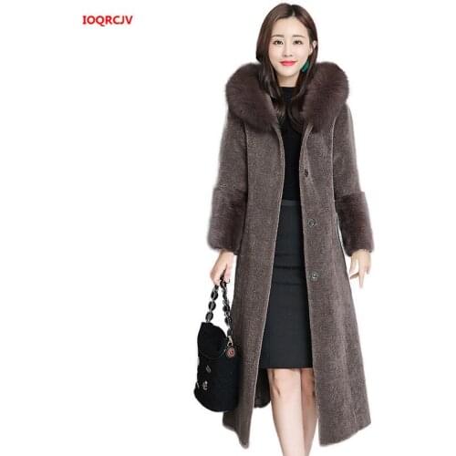 Fur Coat Women Natural Sheep Shearing Overcoat Fox Fur Collar Hooded Mink Wool Winter Jacket Female Long Coats Plus Size 4XL 326
